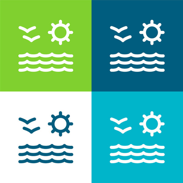 Beach View Of Sea Sun And Seagulls Couple Flat four color minimal icon set