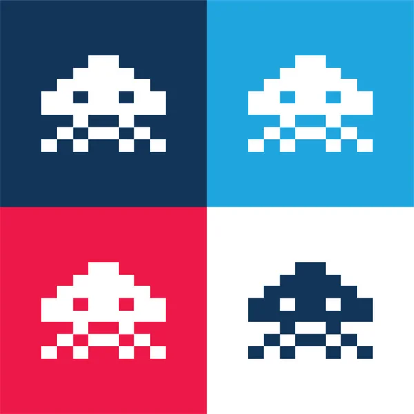 Alien Game Blauw Rood Vier Kleuren Minimale Pictogram Set — Stockvector