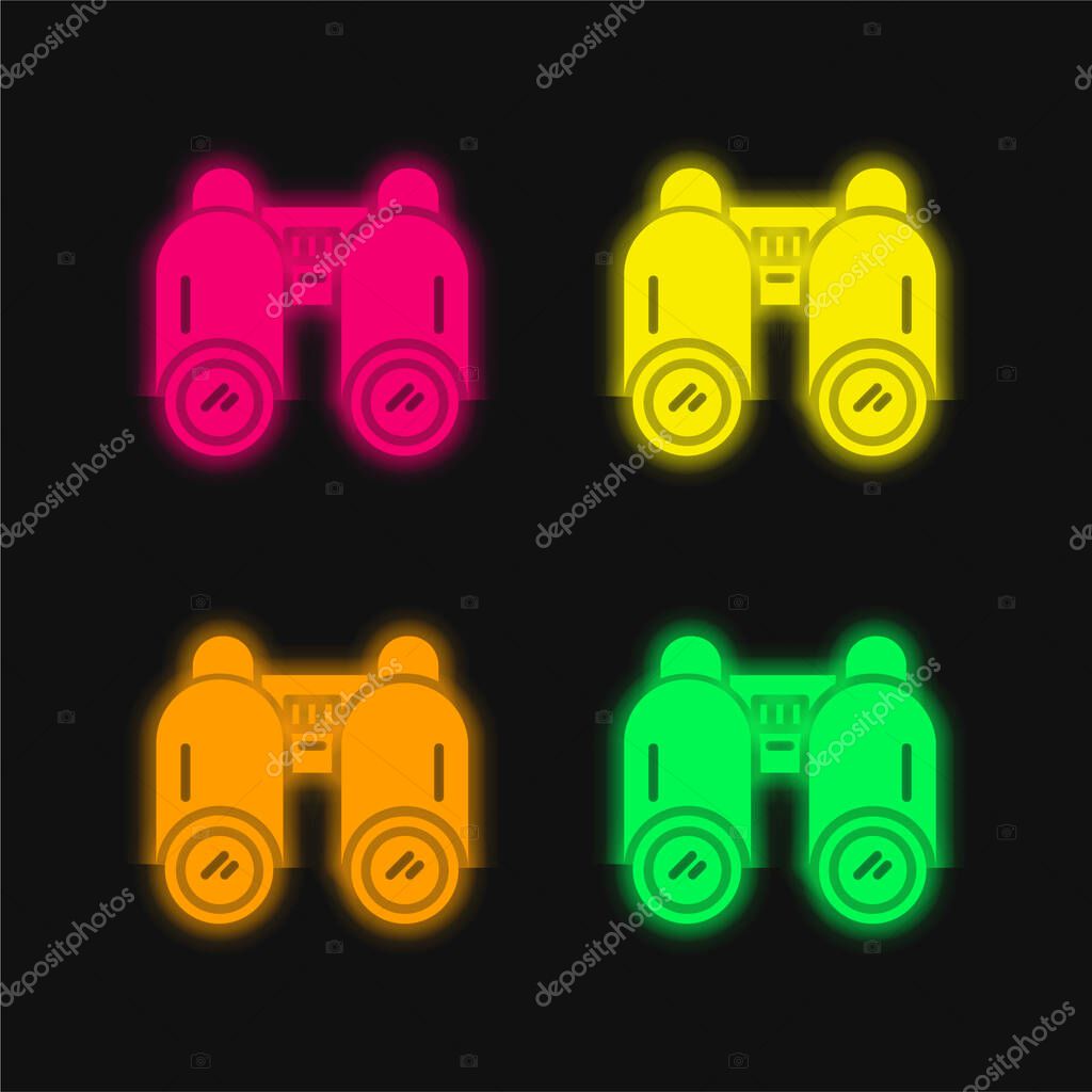 Binoculars four color glowing neon vector icon