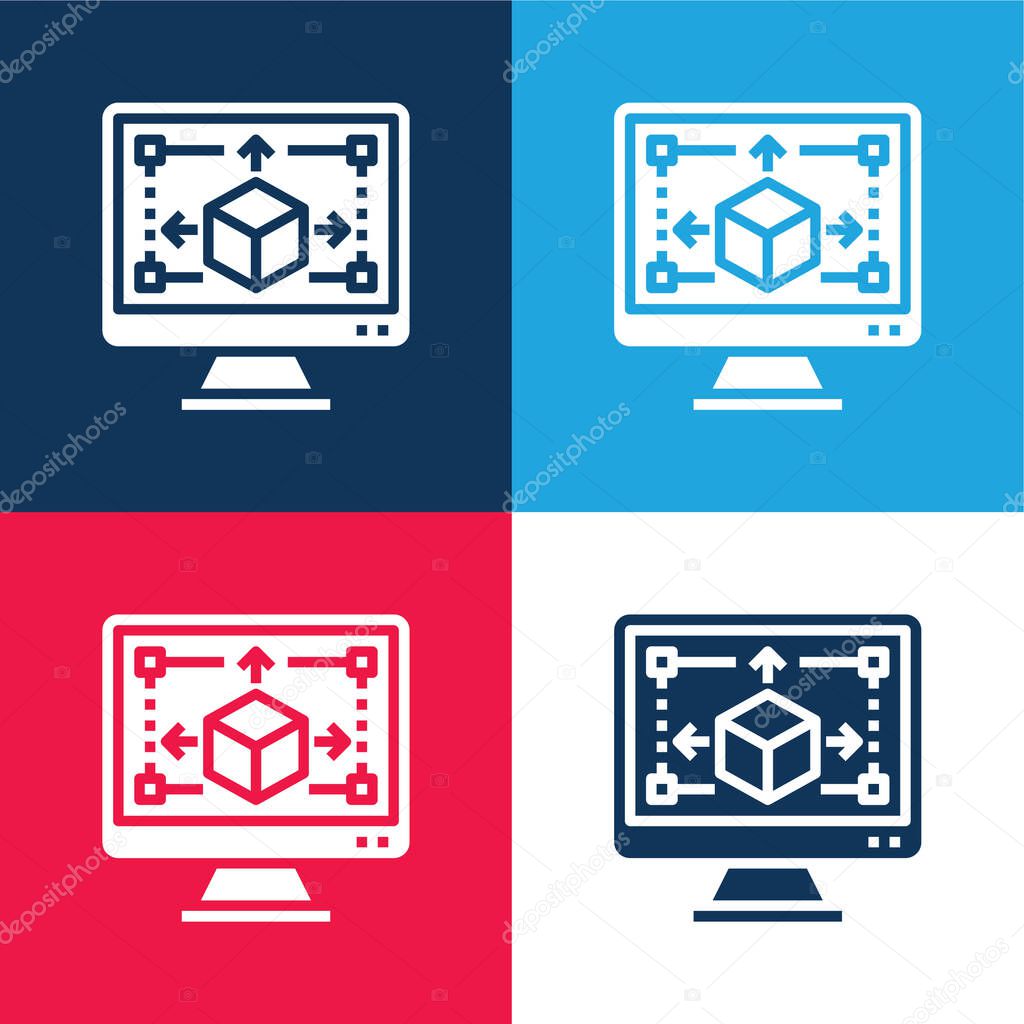 3d Modeling blue and red four color minimal icon set