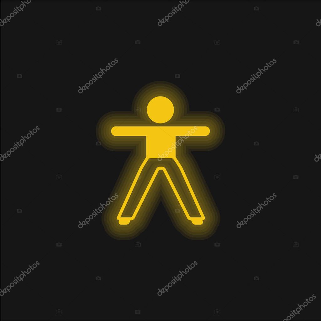 Boy Stretching Both Arms And Legs yellow glowing neon icon