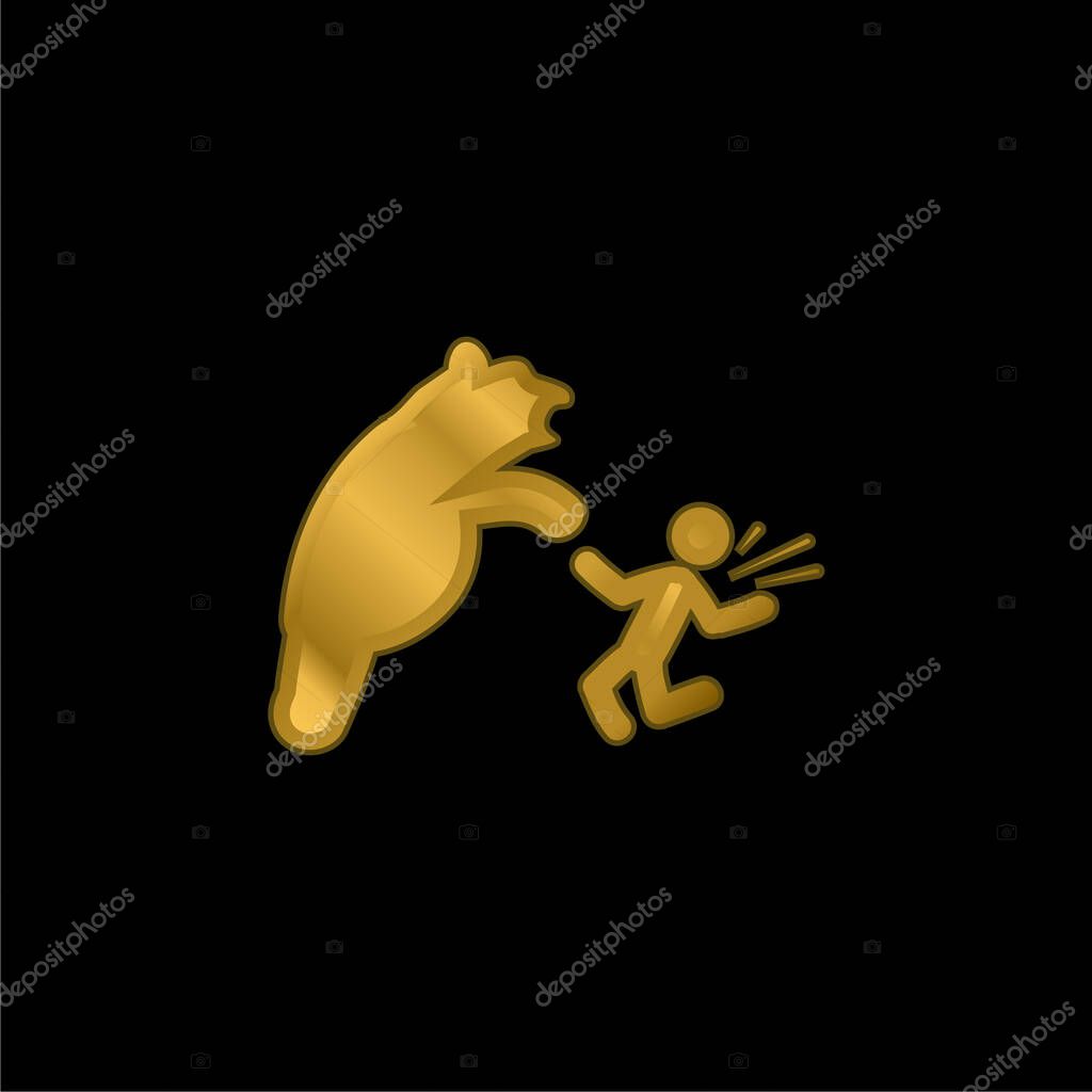 Bear Attacking gold plated metalic icon or logo vector