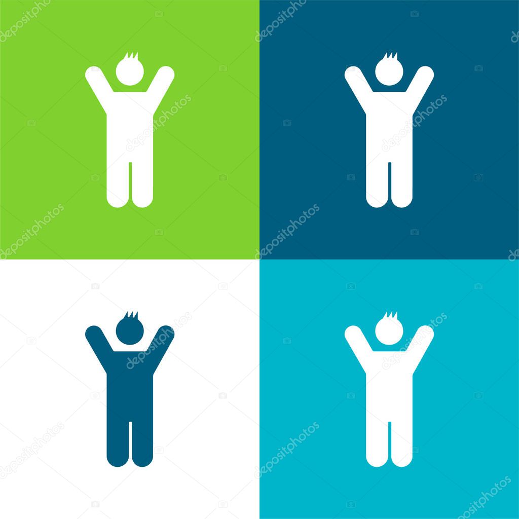 Boy With Rised Arms Flat four color minimal icon set