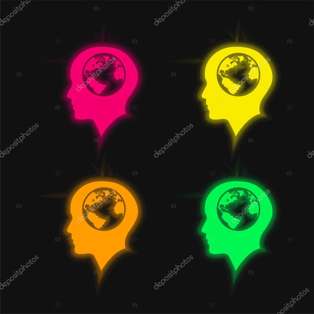 Bald Male Head With Earth Globe Inside four color glowing neon vector icon