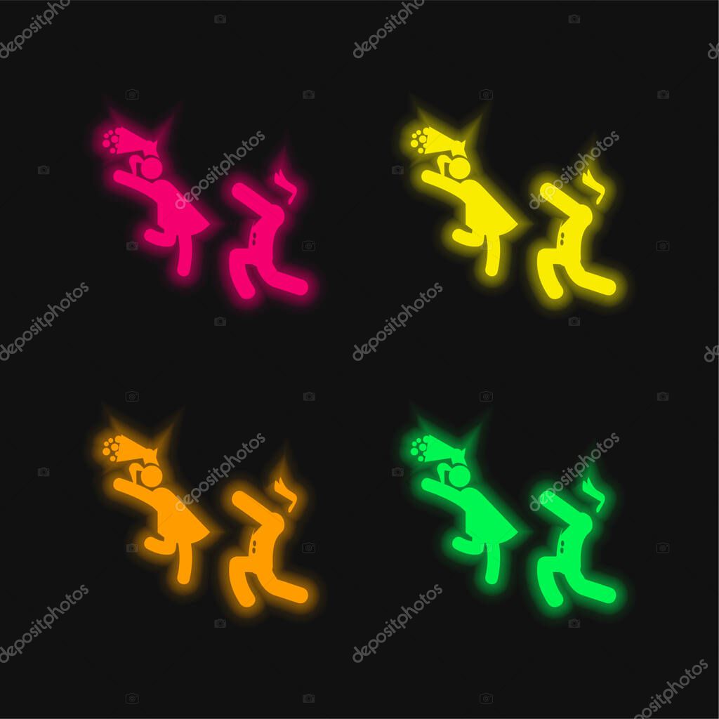 Boy Giving Flowers To His Girlfriend four color glowing neon vector icon