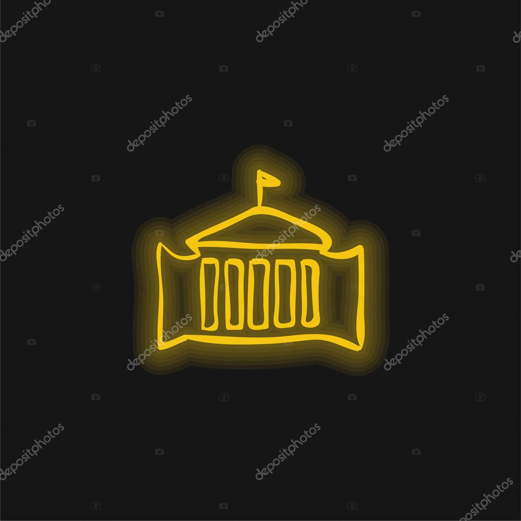 Administrative Building With Flag Hand Drawn Outline yellow glowing neon icon