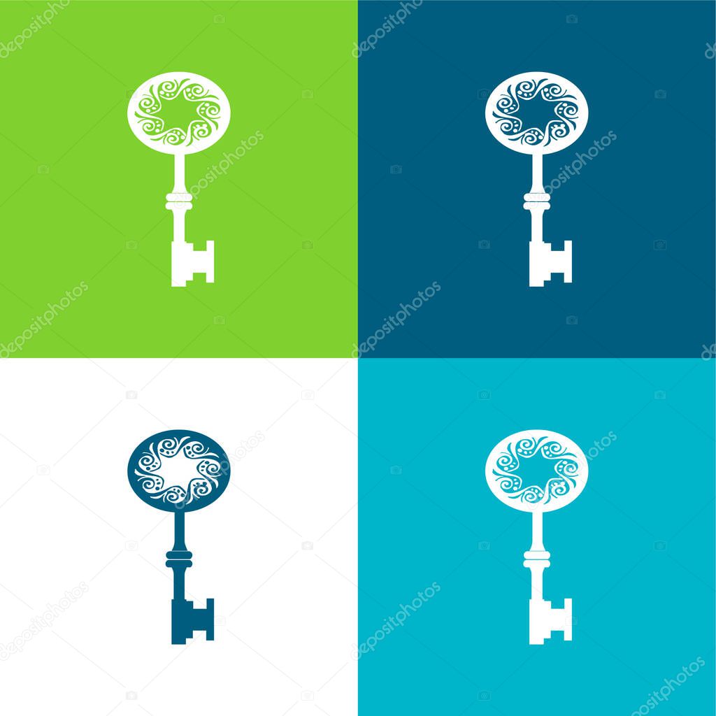Antique Key Shape With Star Hole In The Middle Of Spirals In An Oval Flat four color minimal icon set