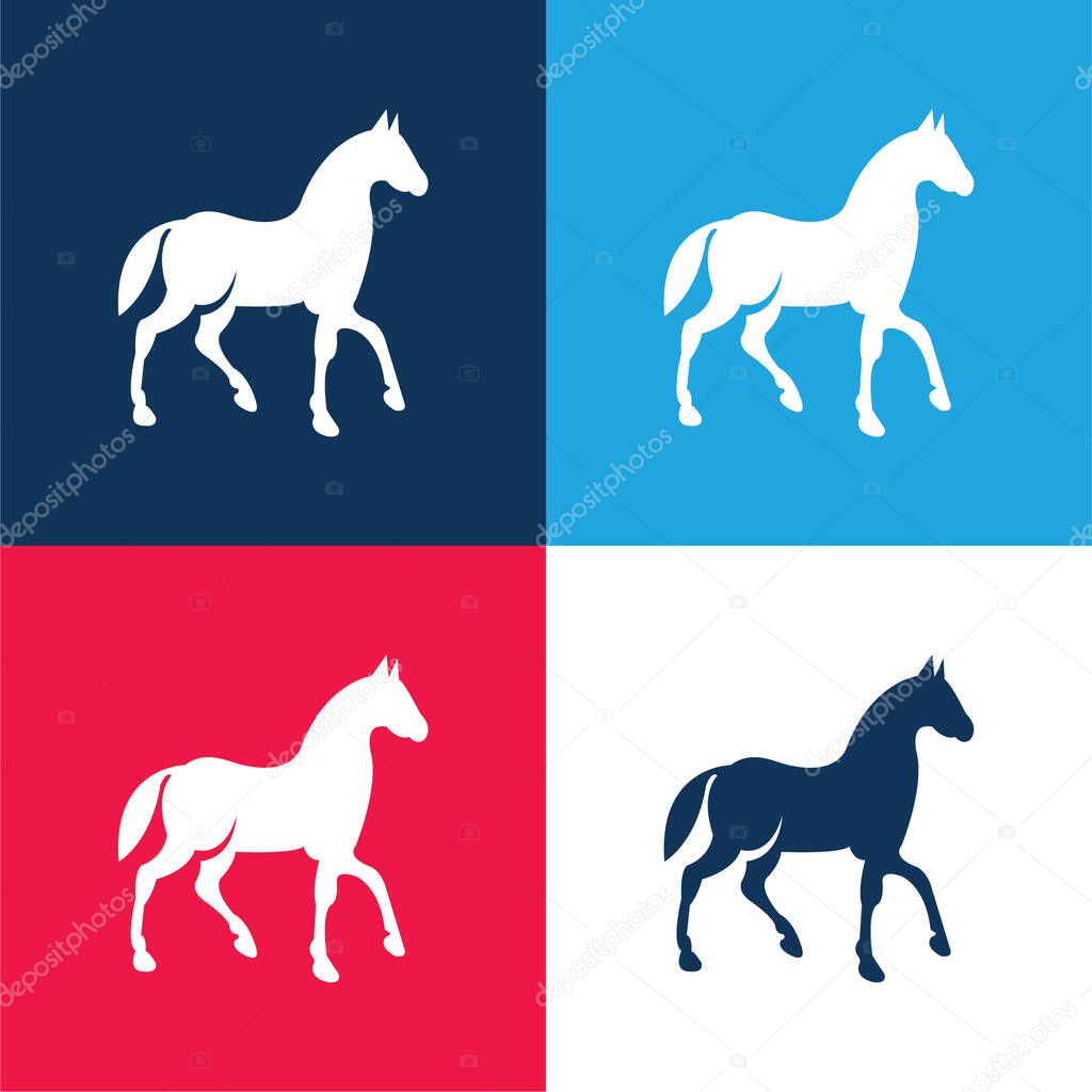 Black Race Horse On Walking Pose Side View blue and red four color minimal icon set