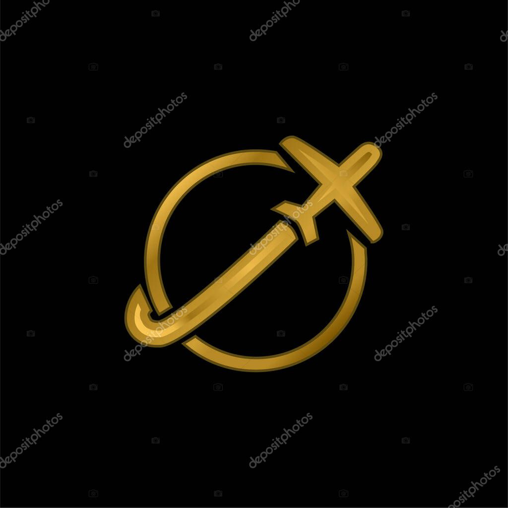 Airplane Travelling Around Earth gold plated metalic icon or logo vector