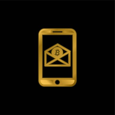 Bitcoin E- posta Mobil Telefon Altın kaplamalı metalik simge veya logo vektörü