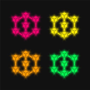 Blok zinciri dört renk parlak neon vektör simgesi