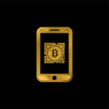 Cep telefonundaki Bitcoin Qr Kodu Altın kaplama metalik simge veya logo vektörü