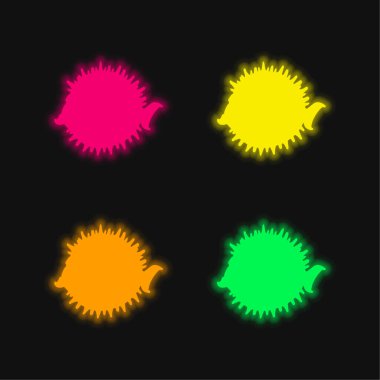 Balloonfish Side Shape four color glowing neon vector icon clipart