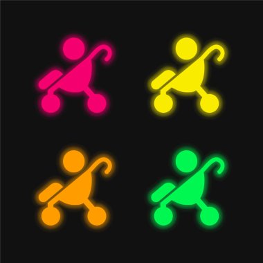 Bebek Gezgin Tarafında Görünüm Silueti 4 renkli parlayan neon vektör simgesi
