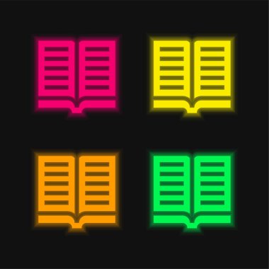 Kitap dört renk parlayan neon vektör simgesi