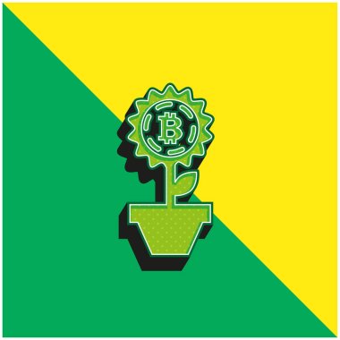 Bitcoin Çiçeği Bir Çanak Yeşil ve Sarı 3D vektör simgesi logosu