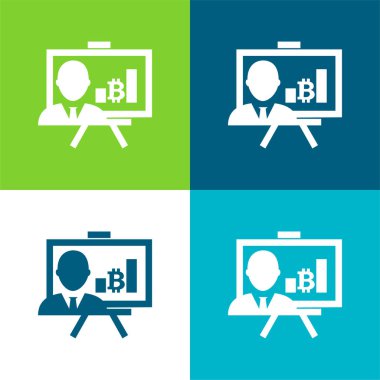 Bitcoin Presentation With Graphs And Reporter Flat four color minimal icon set clipart