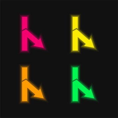 Çatallanma Sağ Aşağı Ok Açısı dört renkli neon vektör simgesi