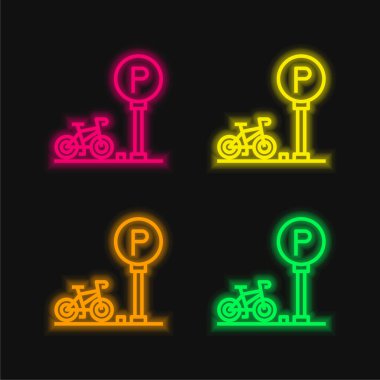 Bisiklet parketme dört renk neon vektör simgesi