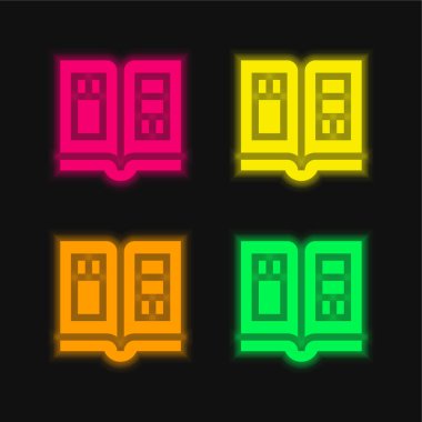 Kitap dört renk parlayan neon vektör simgesi