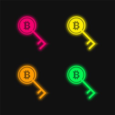 Bitcoin Anahtarı veya Parola Sembolü 4 renkli parlak neon vektör simgesi