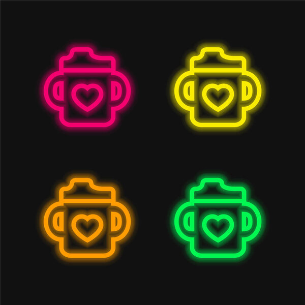 Baby Bottle With A Heart four color glowing neon vector icon