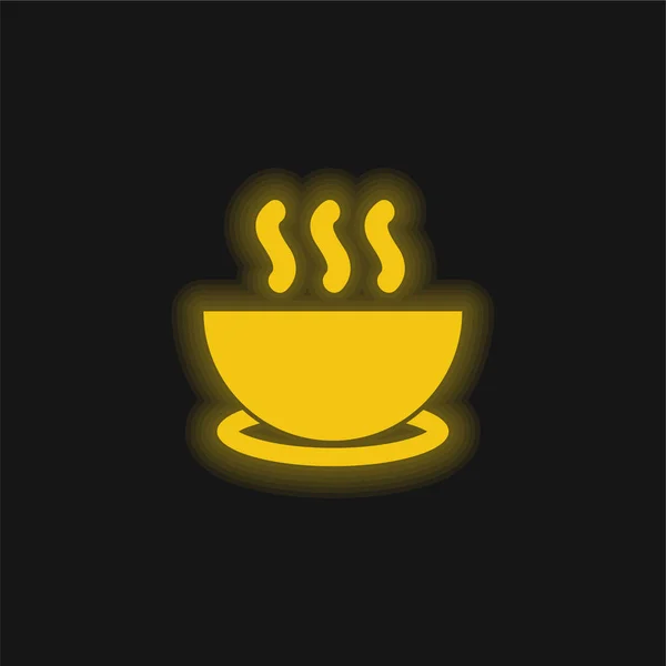 盘子黄色发亮的霓虹灯图标上的热汤碗 — 图库矢量图片