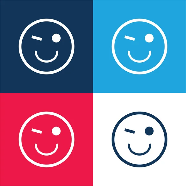 Knipoog Emoticon Gezicht Blauw Rood Vier Kleuren Minimale Pictogram Set — Stockvector