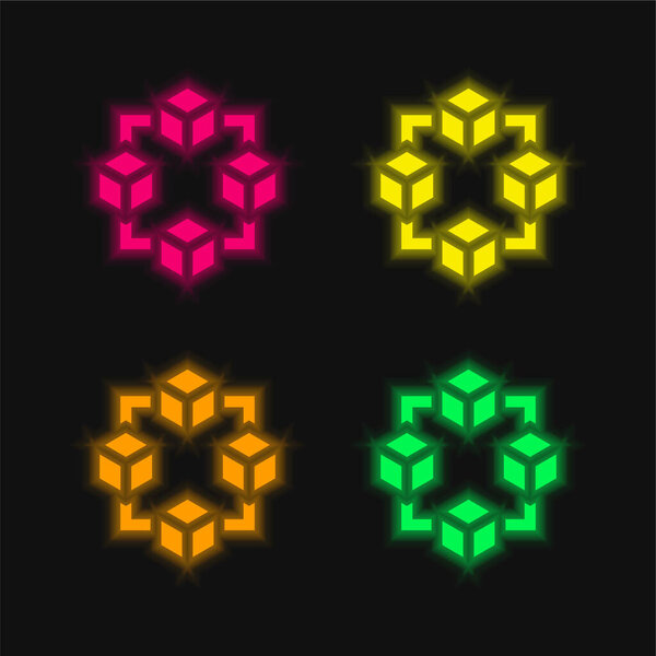 Blockchain четыре цвета светящийся неоновый вектор значок