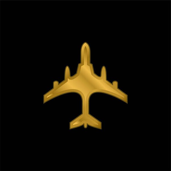 Airplane Black Shape From Top View gold plated metalic icon or logo vector