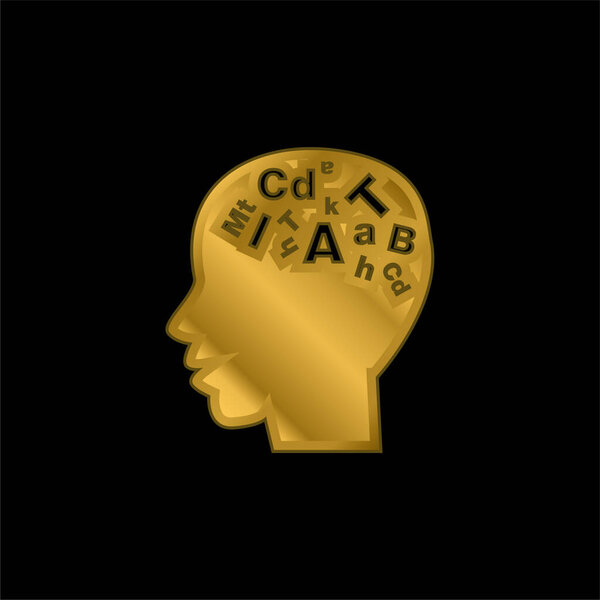 Bald Male Head Side View With Letters Inside gold plated metalic icon or logo vector