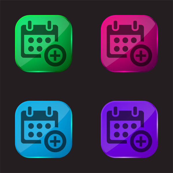 Añadir Símbolo Calendario Para Eventos Icono Botón Cristal Cuatro Colores — Vector de stock