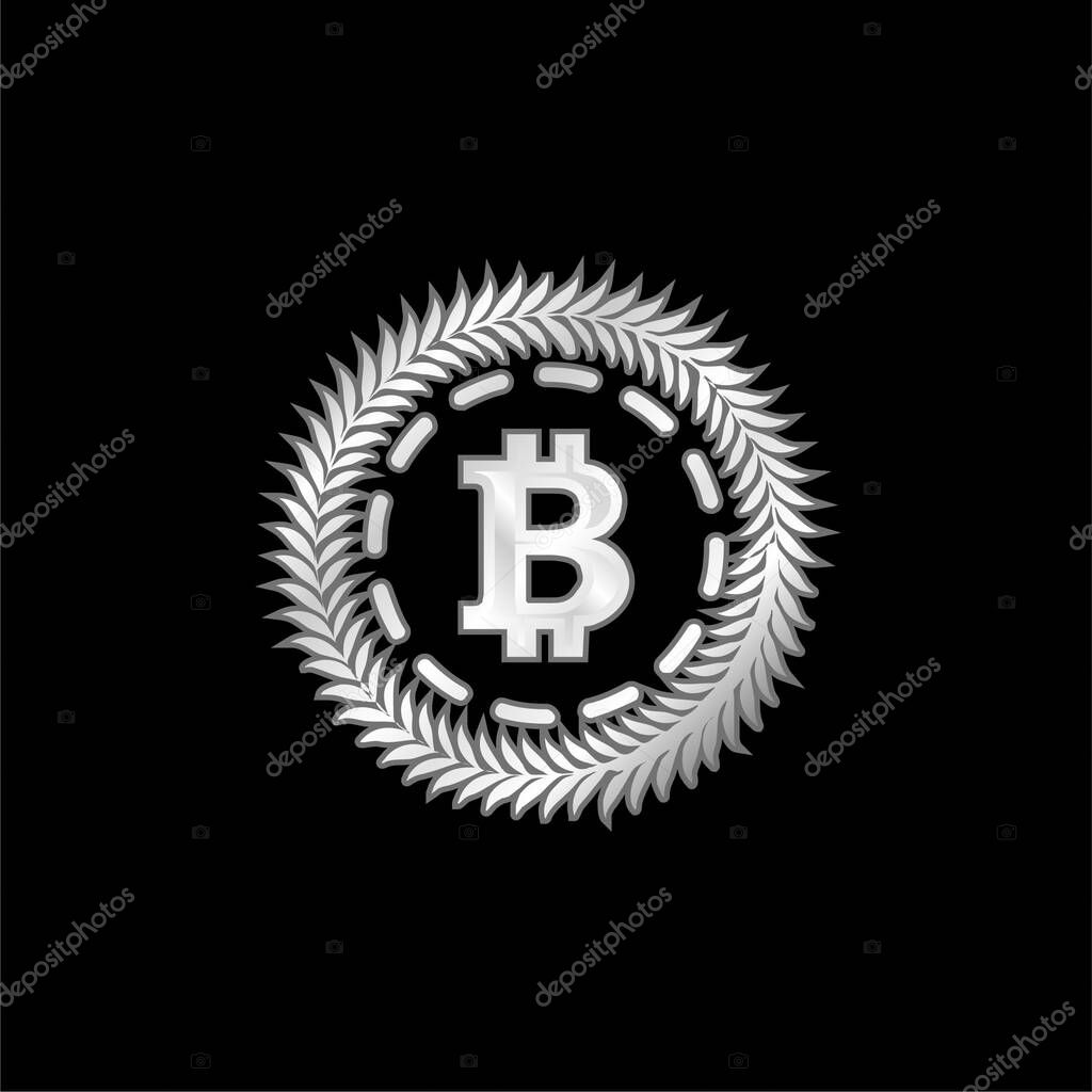 Bitcoin Surrounded By A Circle Of Olive Leaves silver plated metallic icon