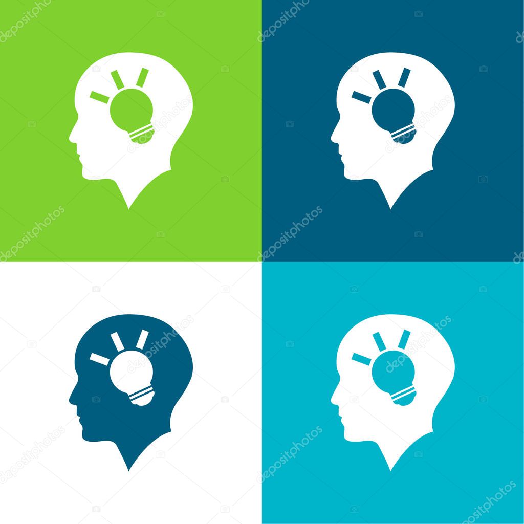 Bald Head Side View With A Lightbulb Inside Flat four color minimal icon set