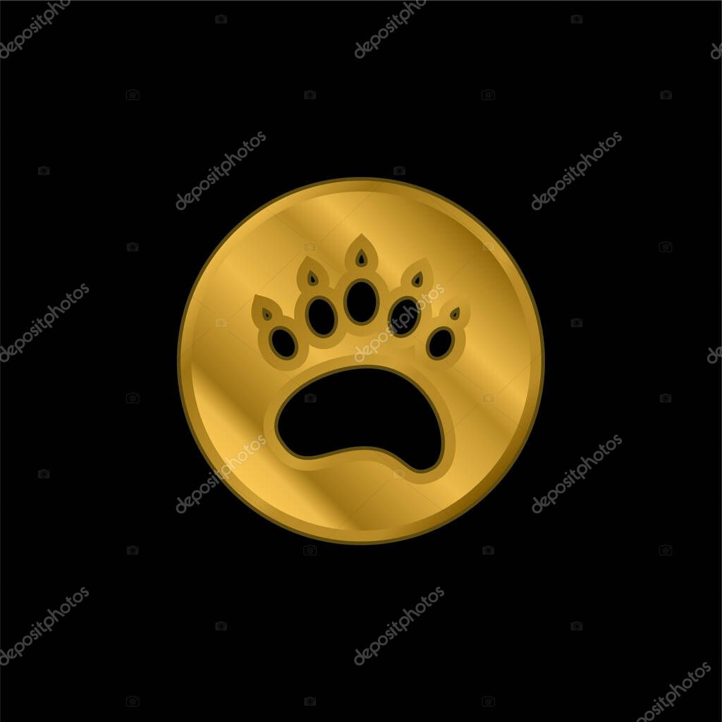 Bear Paw Circule gold plated metalic icon or logo vector
