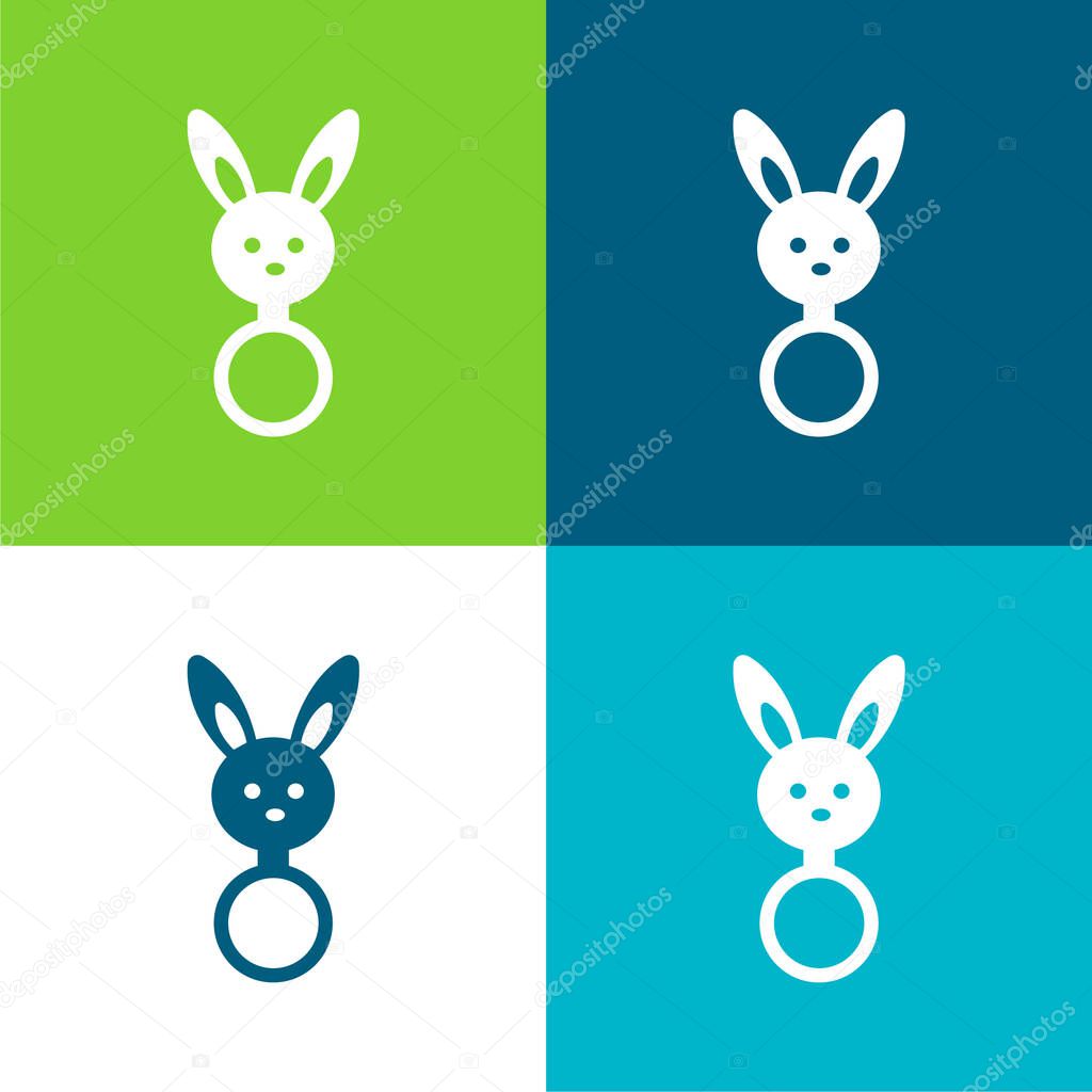 Baby Rattle With Bunny Head Shape Flat four color minimal icon set