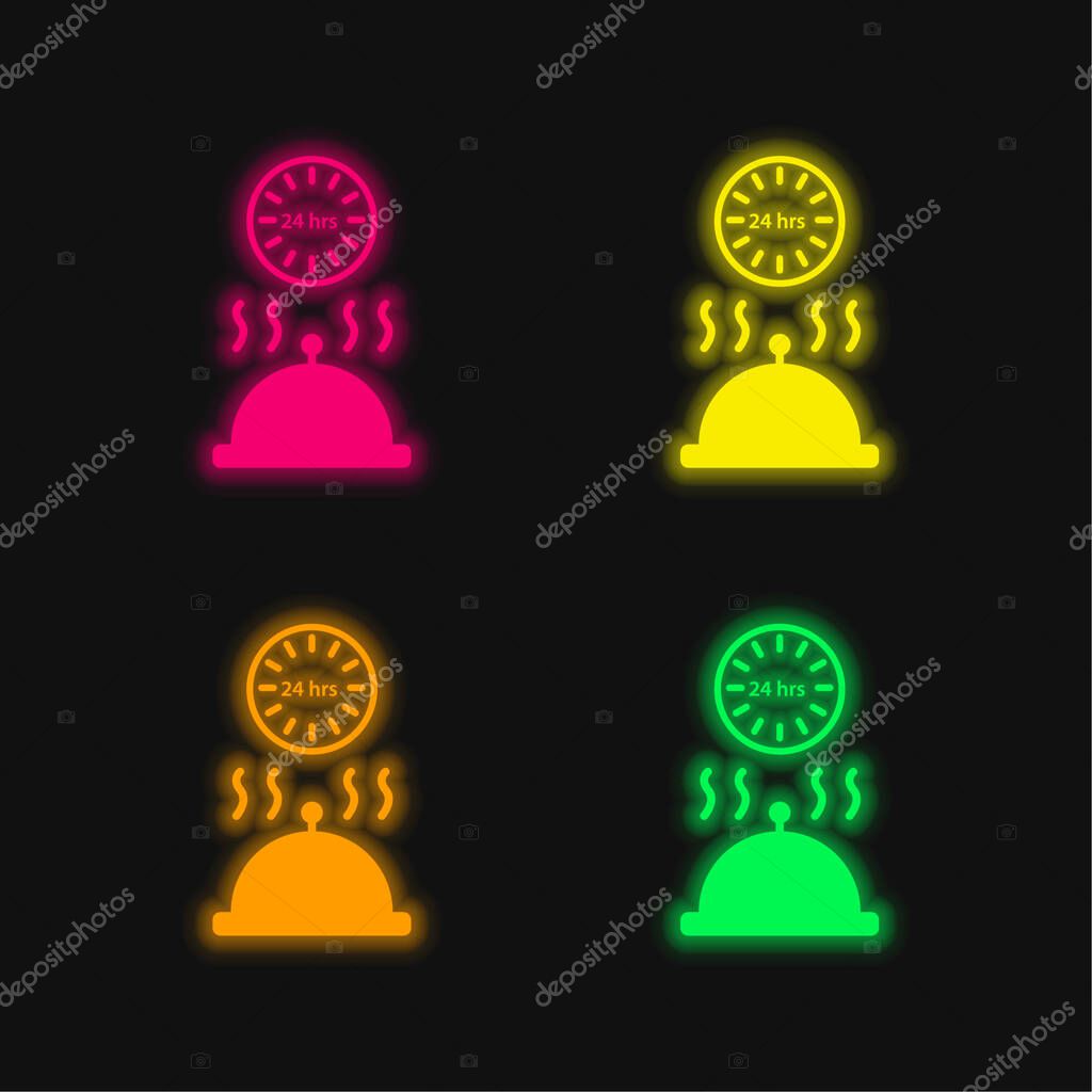 24 Hours Room Service four color glowing neon vector icon