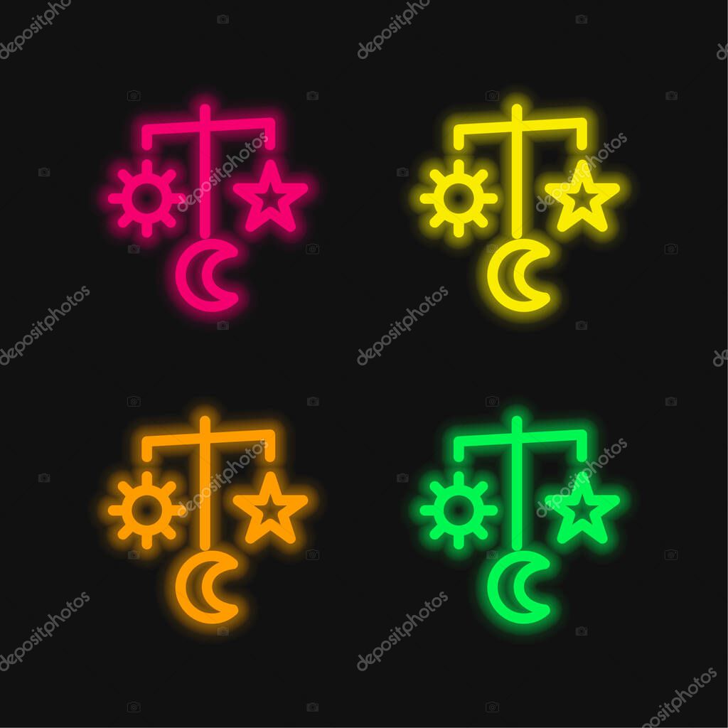Baby Mobile Toy With Hanging Space Shapes four color glowing neon vector icon