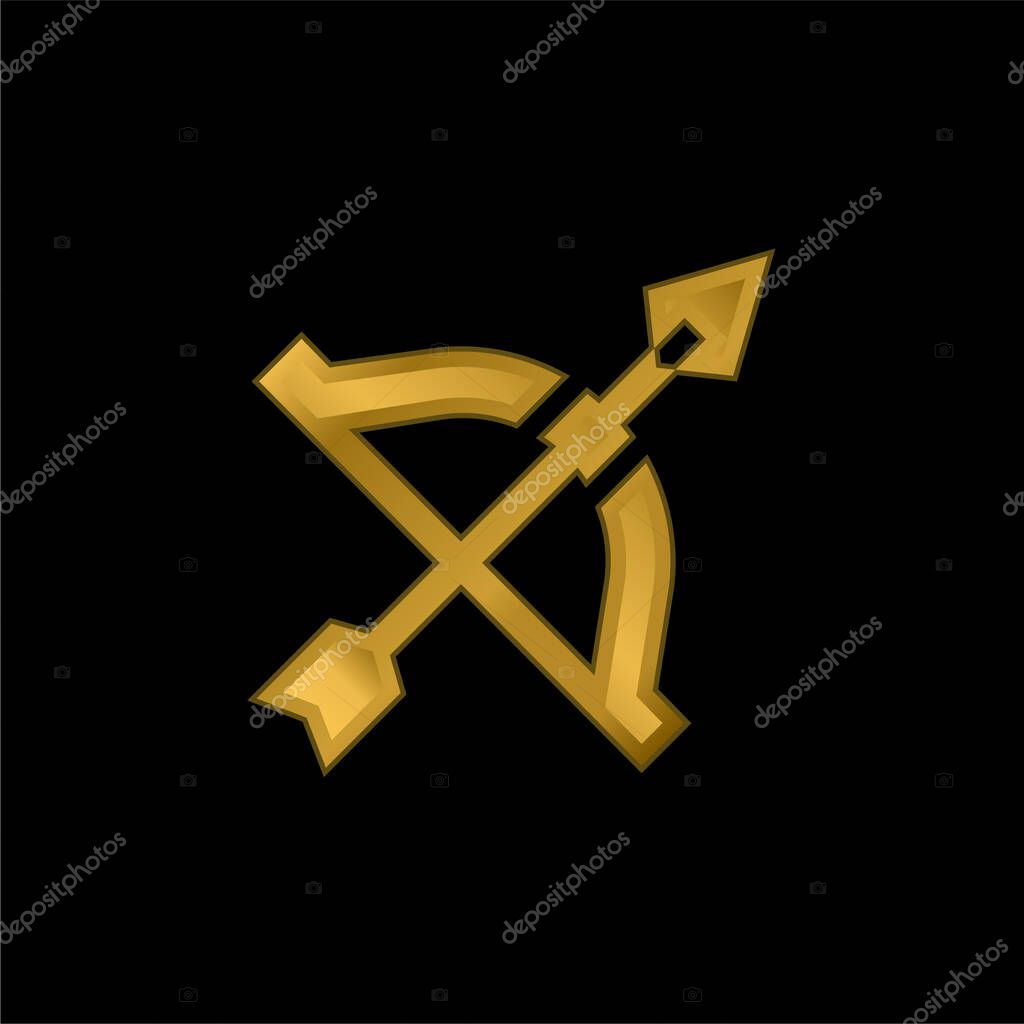 Bow And Arrow gold plated metalic icon or logo vector