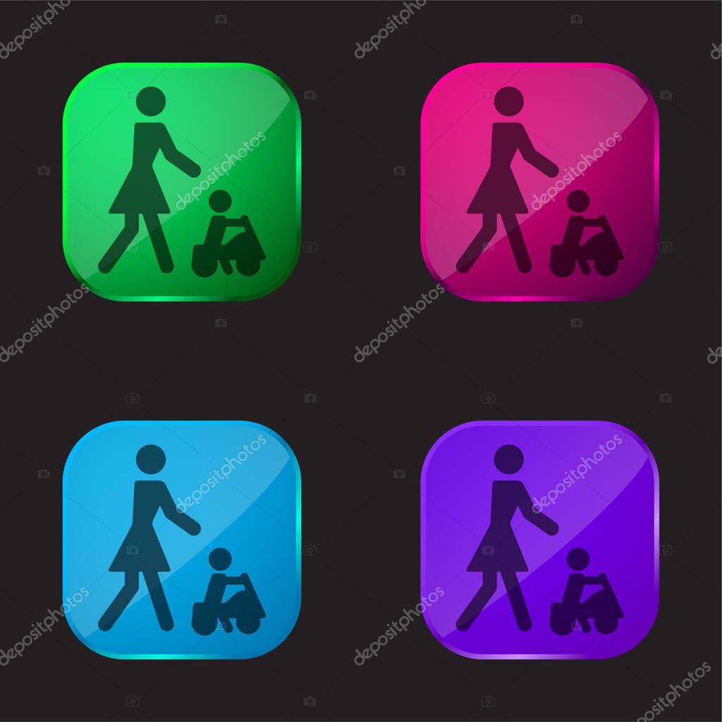 Baby Playing On A Toy Car With His Mother four color glass button icon