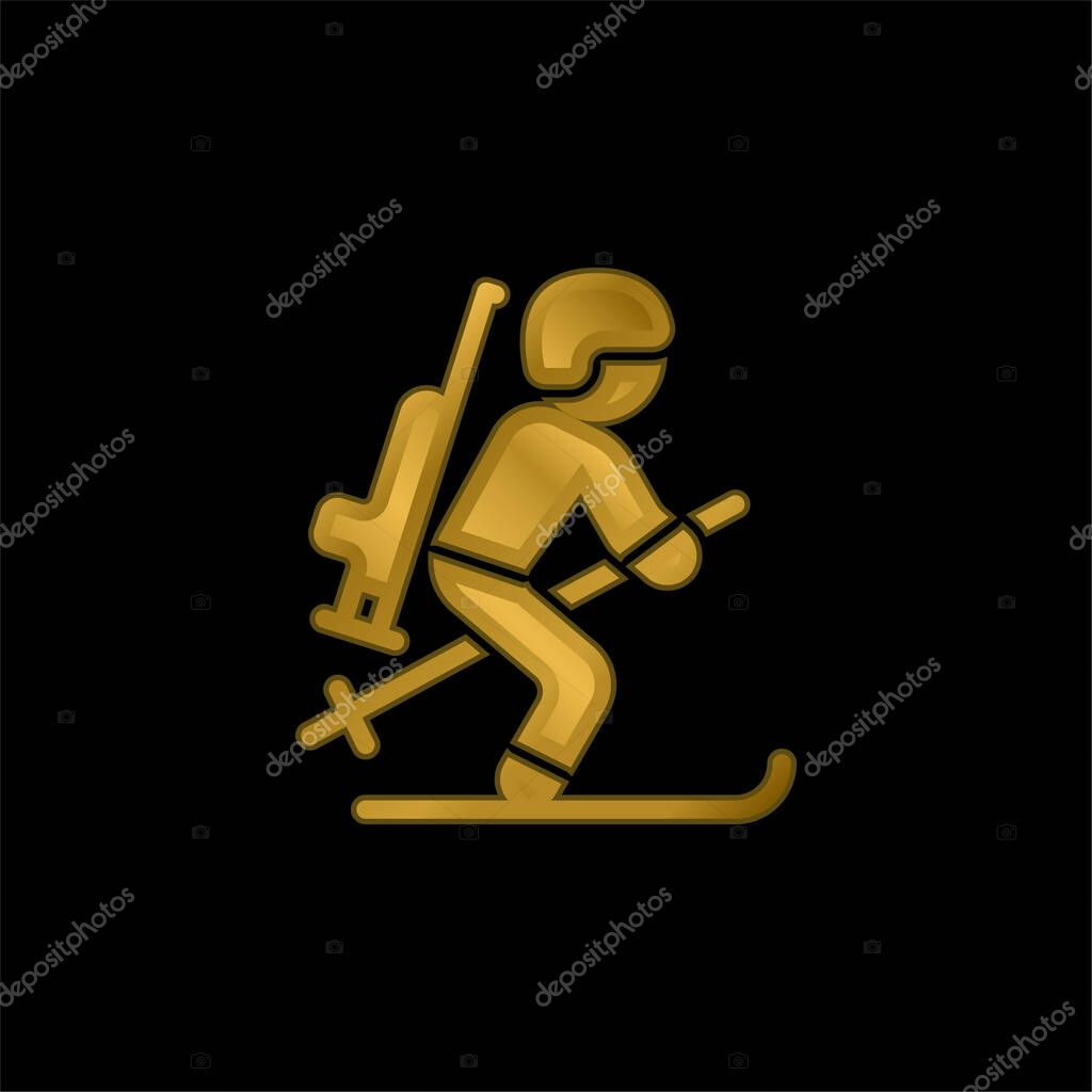 Biathlonist gold plated metalic icon or logo vector