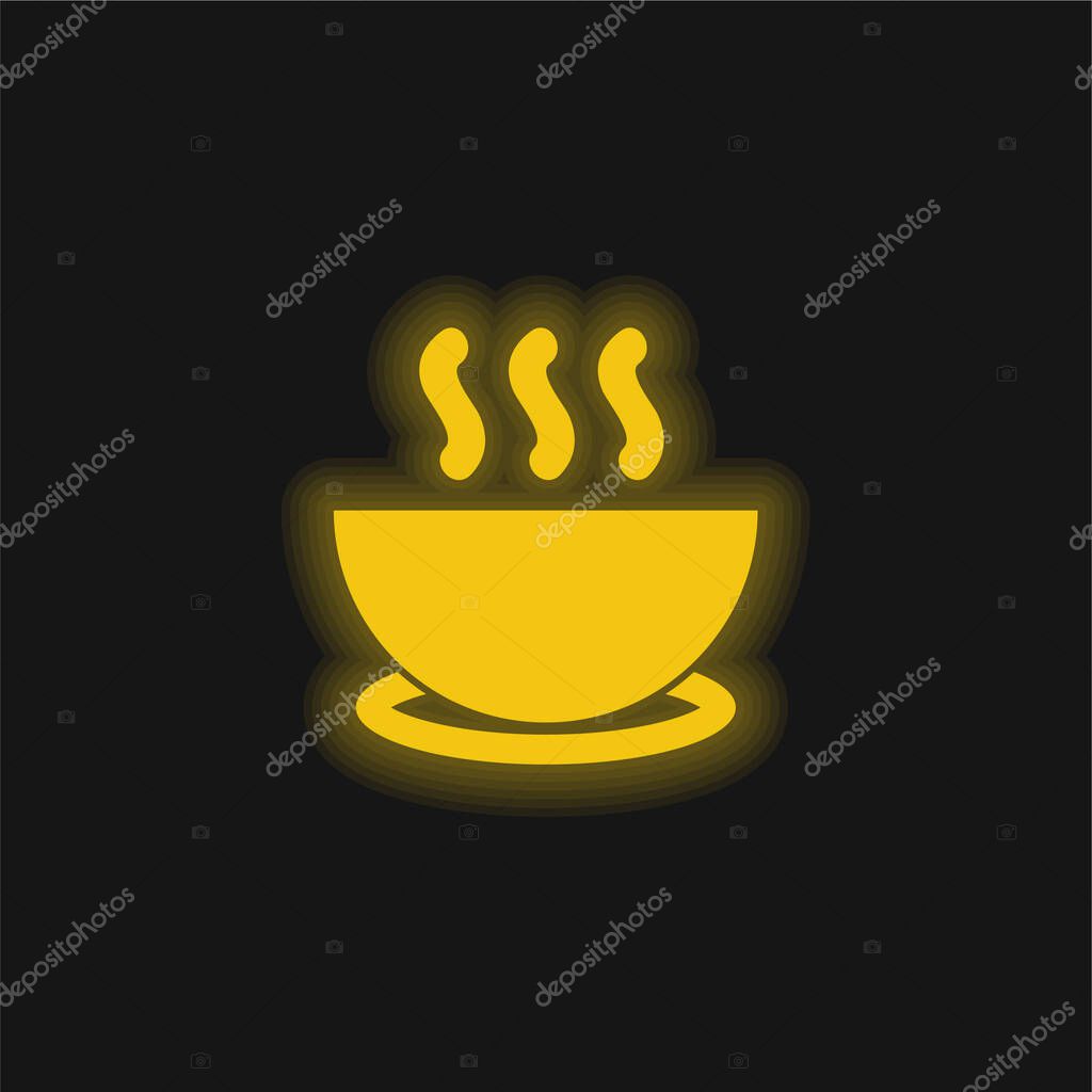 Bowl Of Hot Soup On A Plate yellow glowing neon icon