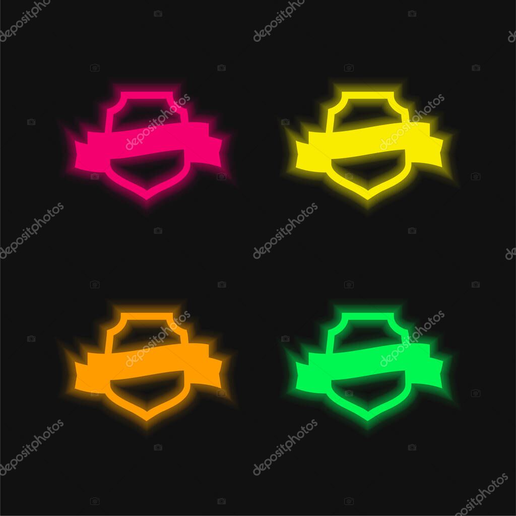 Award Symbolic Shield With A Banner four color glowing neon vector icon