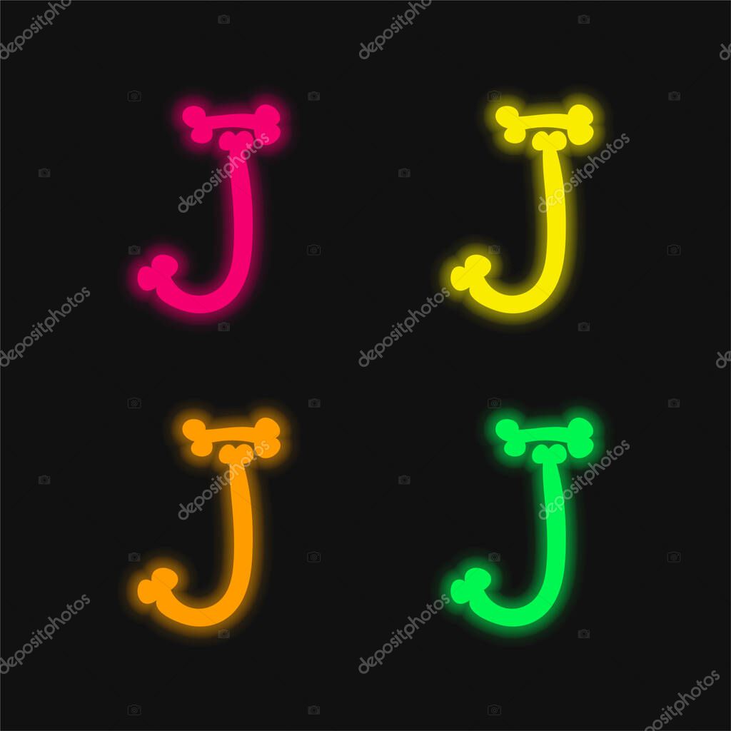 Bones Halloween Typography Letter J four color glowing neon vector icon