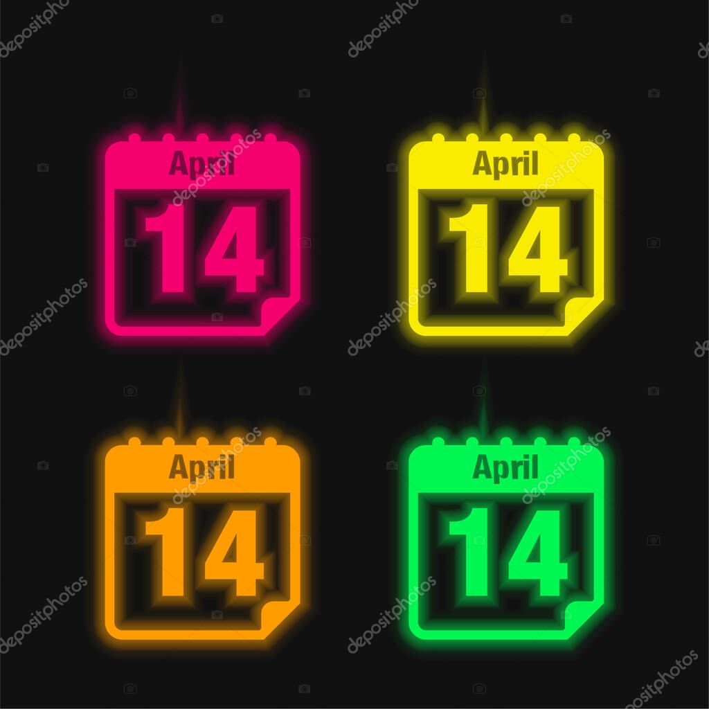 April 14 Calendar Page Day four color glowing neon vector icon