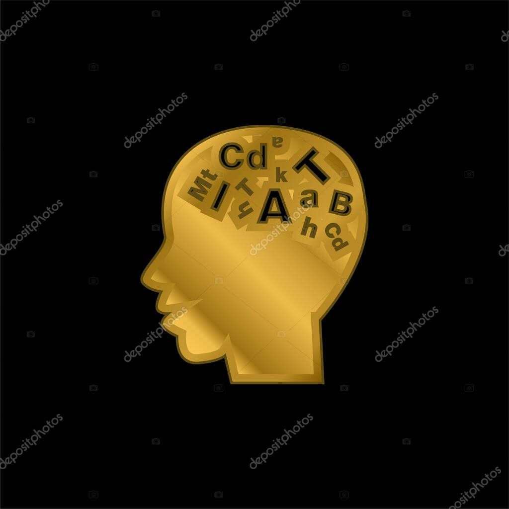 Bald Male Head Side View With Letters Inside gold plated metalic icon or logo vector