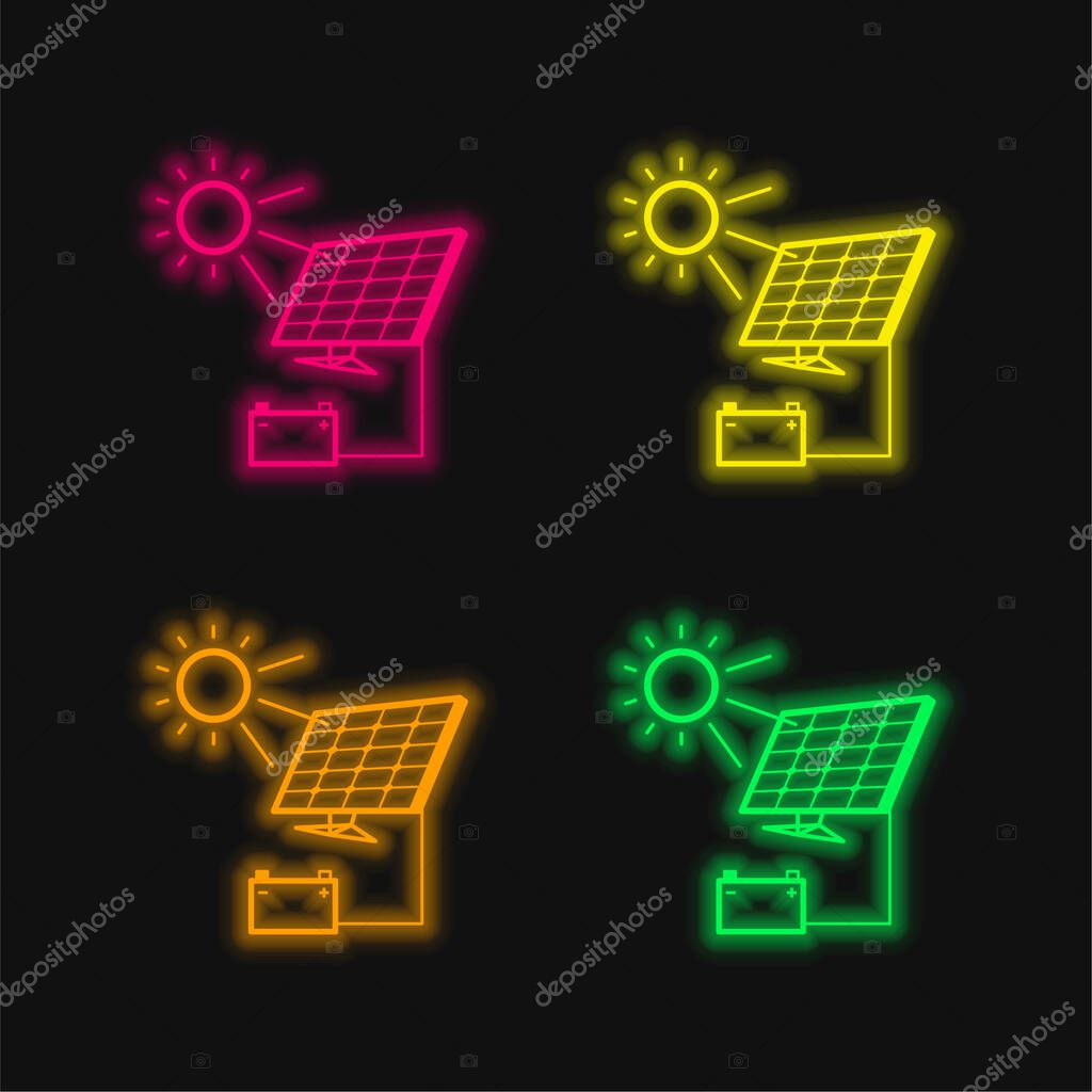 Battery Charging With Solar Panel four color glowing neon vector icon