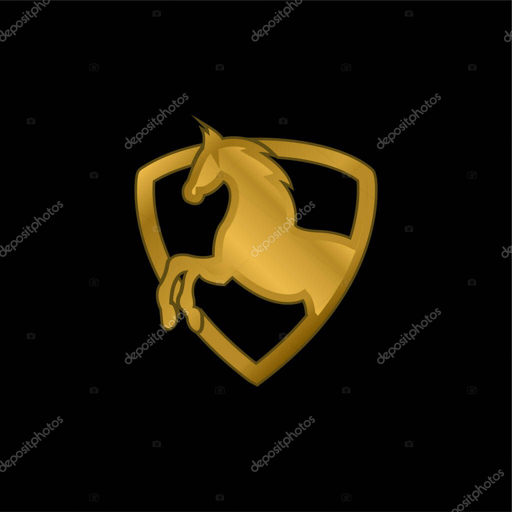 Black Horse Part In A Shield Outline gold plated metalic icon or logo vector
