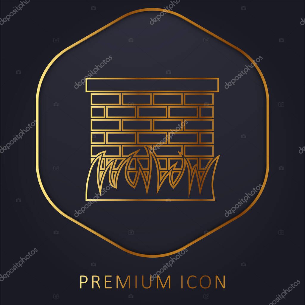 Bricks Wall With Grass Leaves Border golden line premium logo or icon