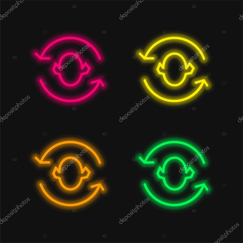 Arrows Couple Around A Head Silhouette four color glowing neon vector icon